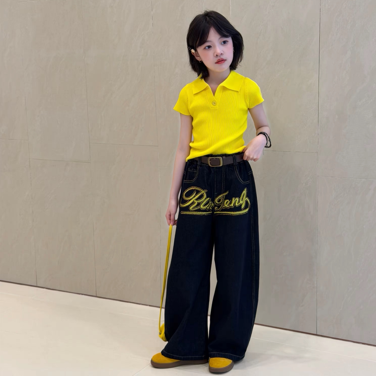 女童针织POLO衫字母弯刀裤套装