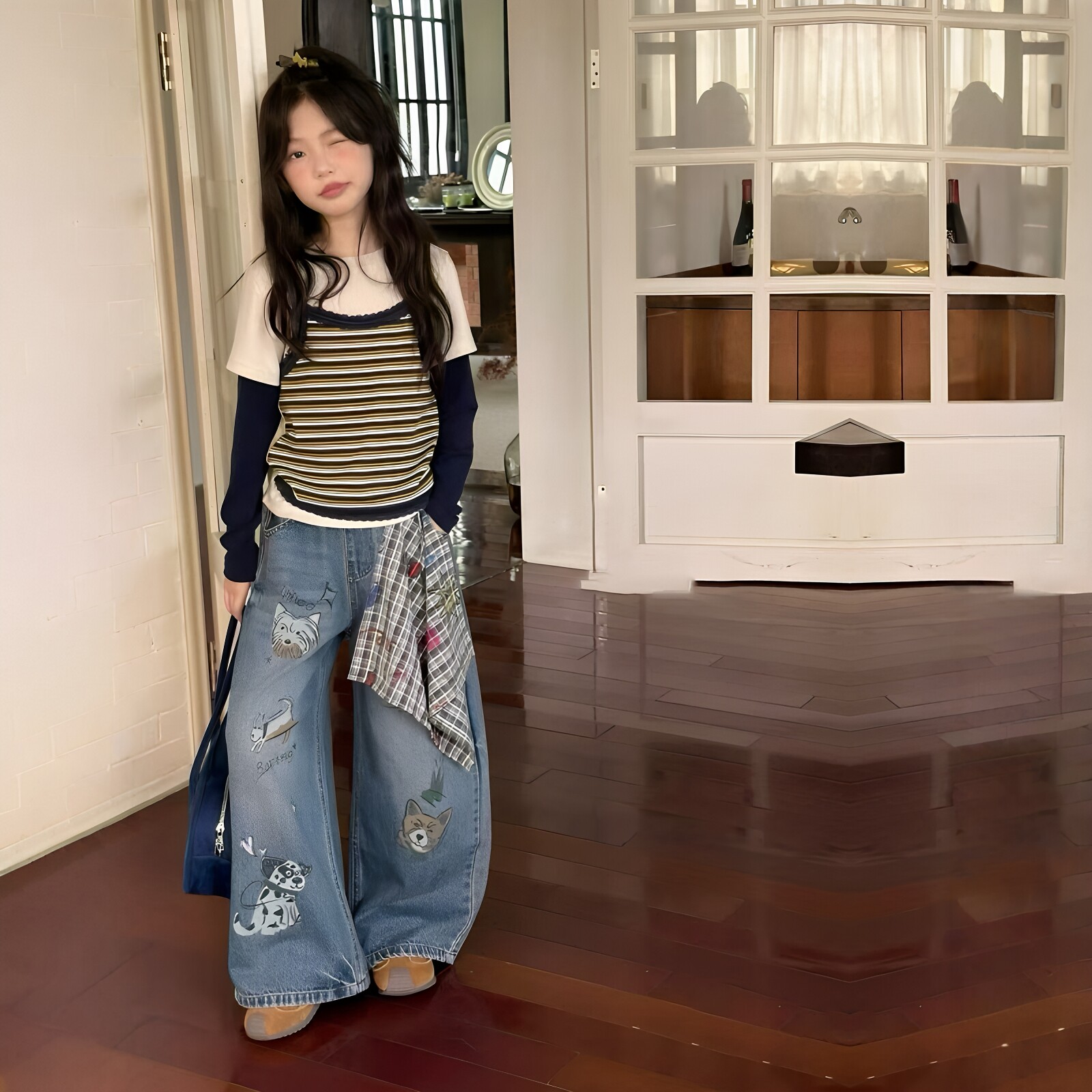 女童假两件上衣涂鸦牛仔裤套装