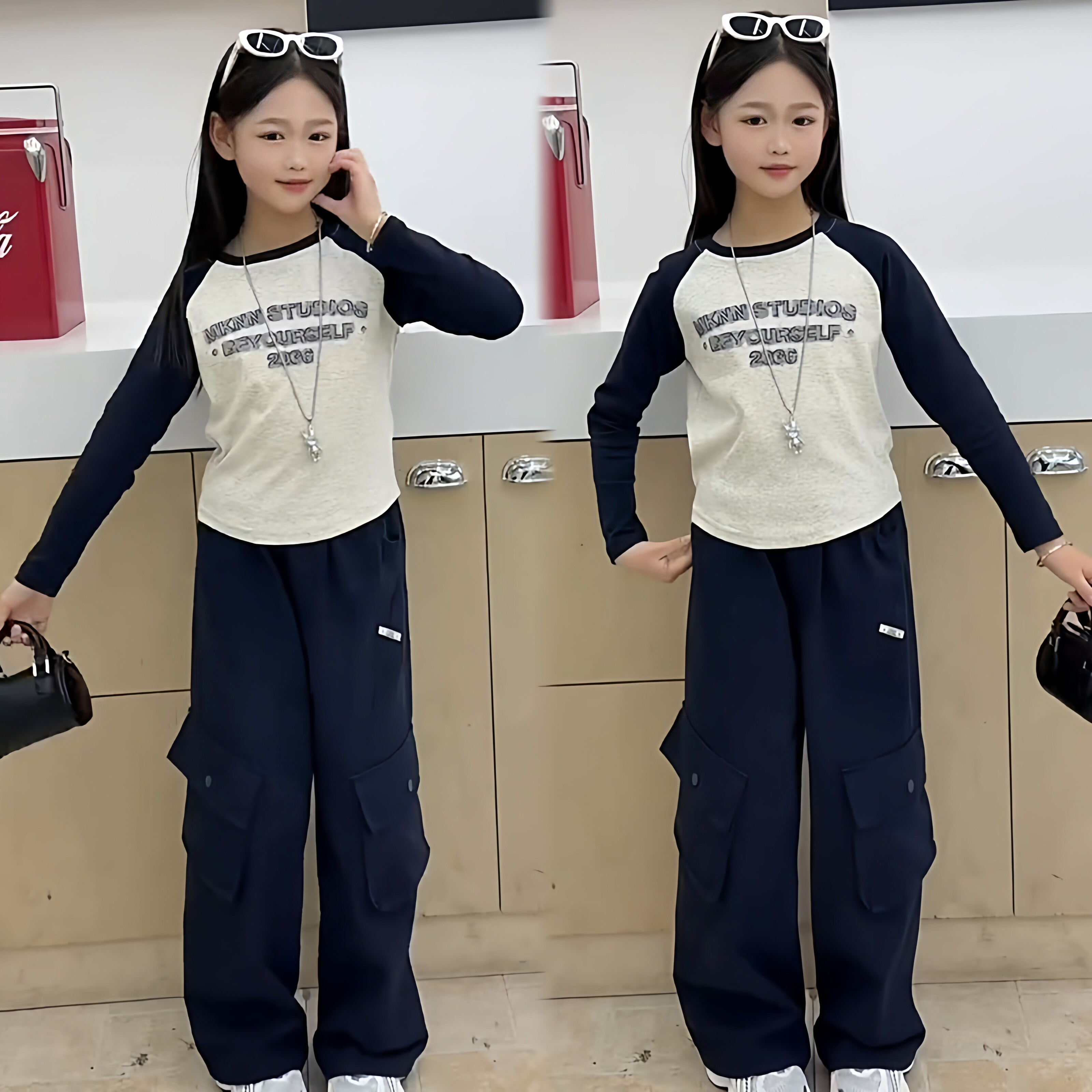 女童春秋套装韩版撞色插肩袖字母上衣休闲美式棉布工装裤套装潮酷