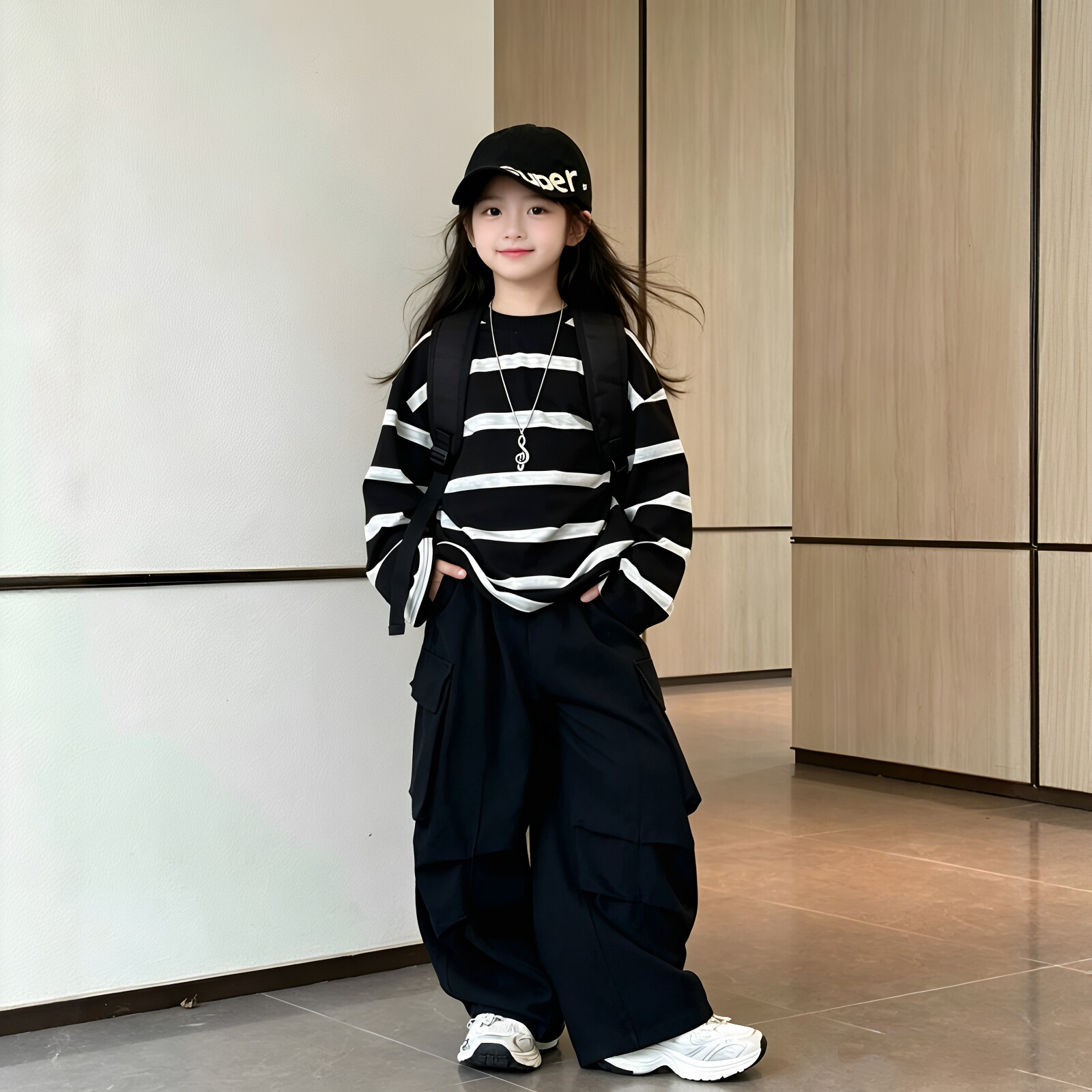 男女童条纹长袖T恤工装裤套装