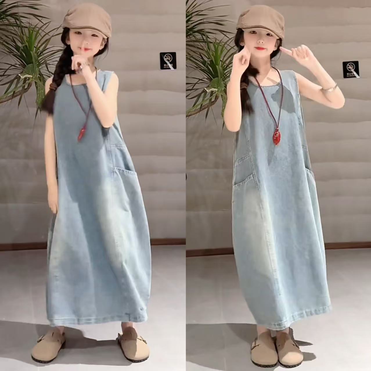 女童夏季薄款美式松弛感无袖牛仔背心连衣裙甜酷中长款洋气裙子潮