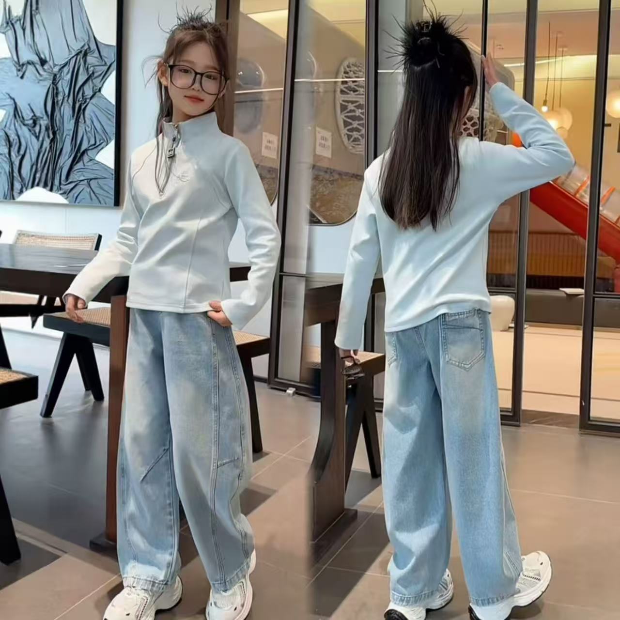 女童立领半拉链卫衣弯刀裤套装