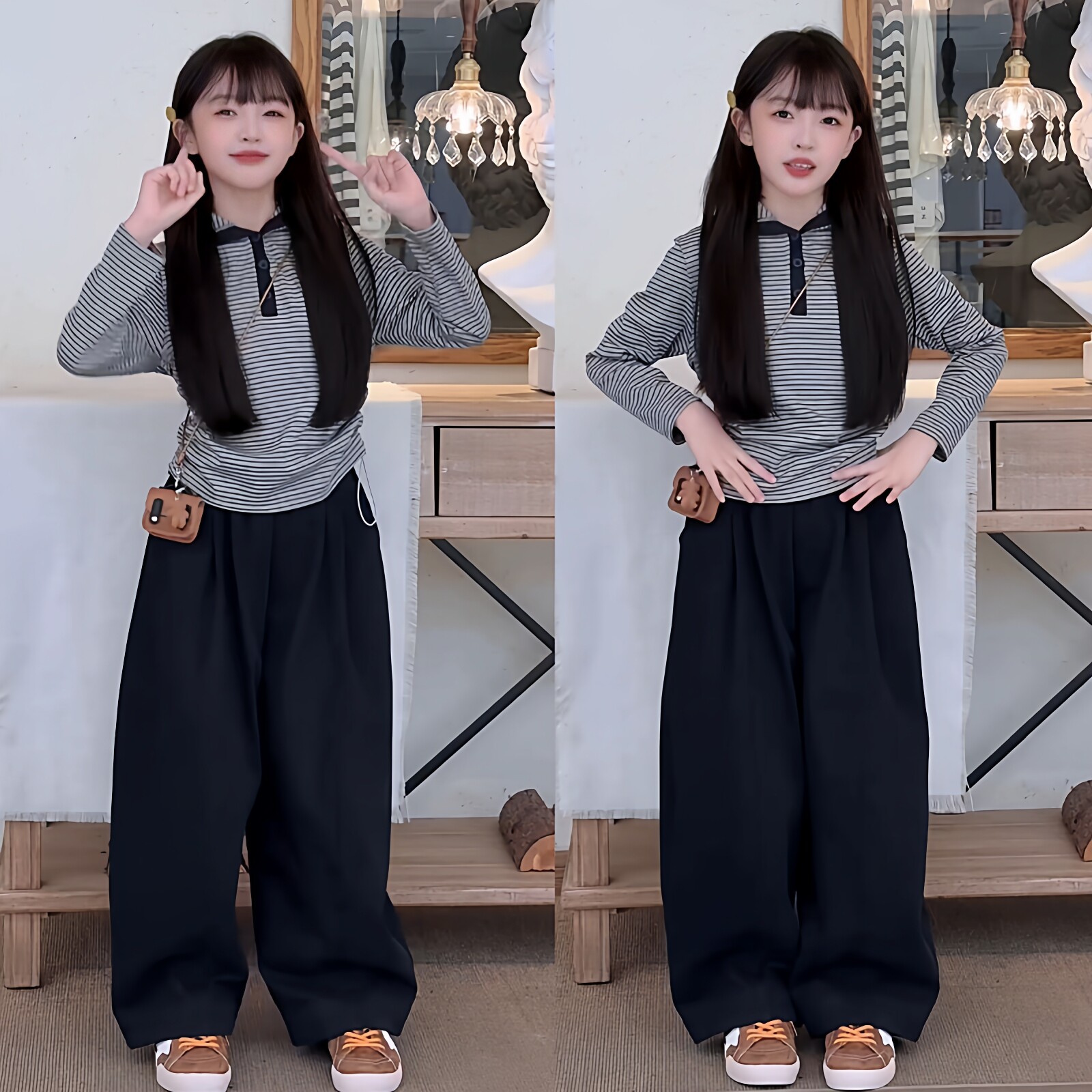 女童条纹抽绳连帽长袖弯刀裤套装