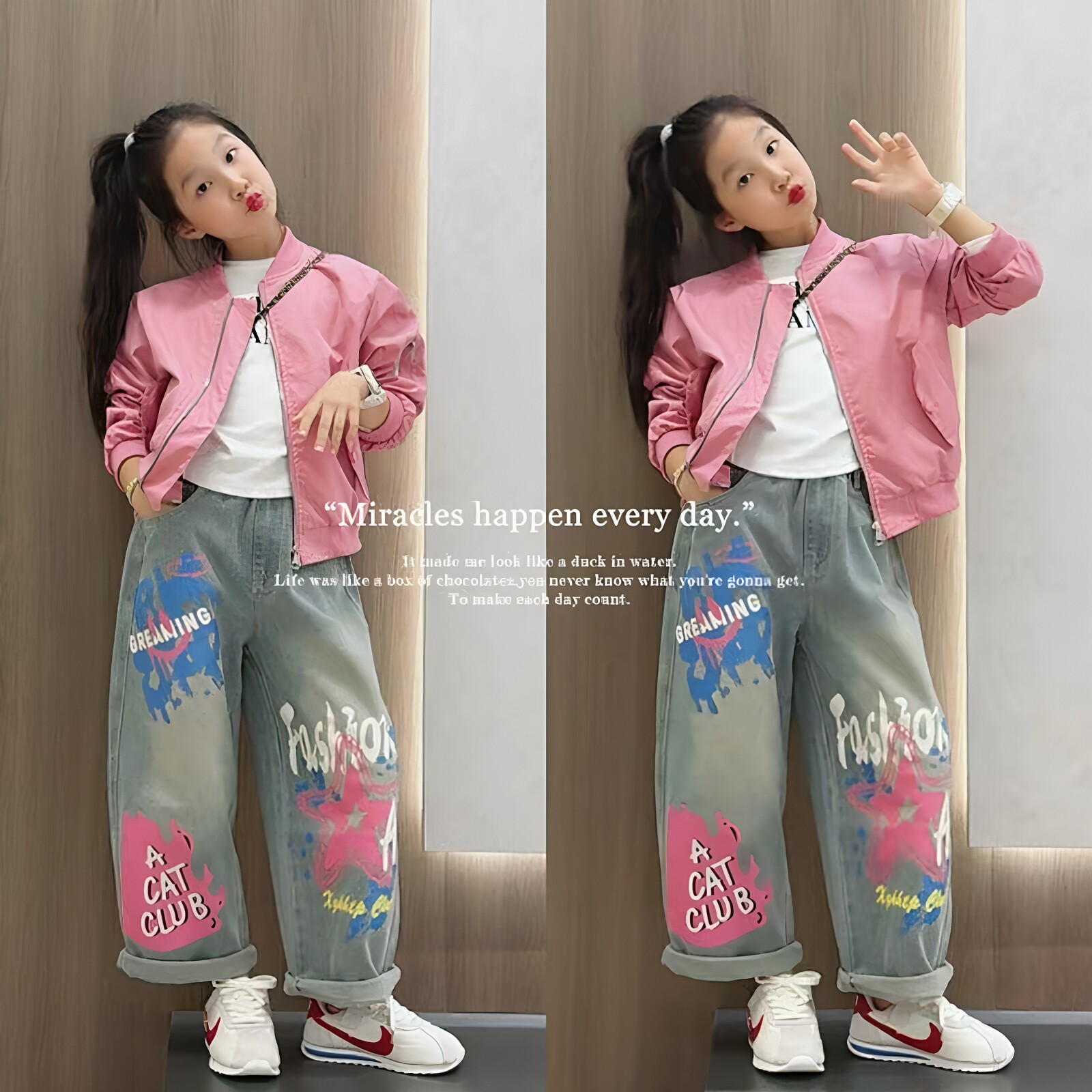 女童棒球服外套涂鸦牛仔裤套装