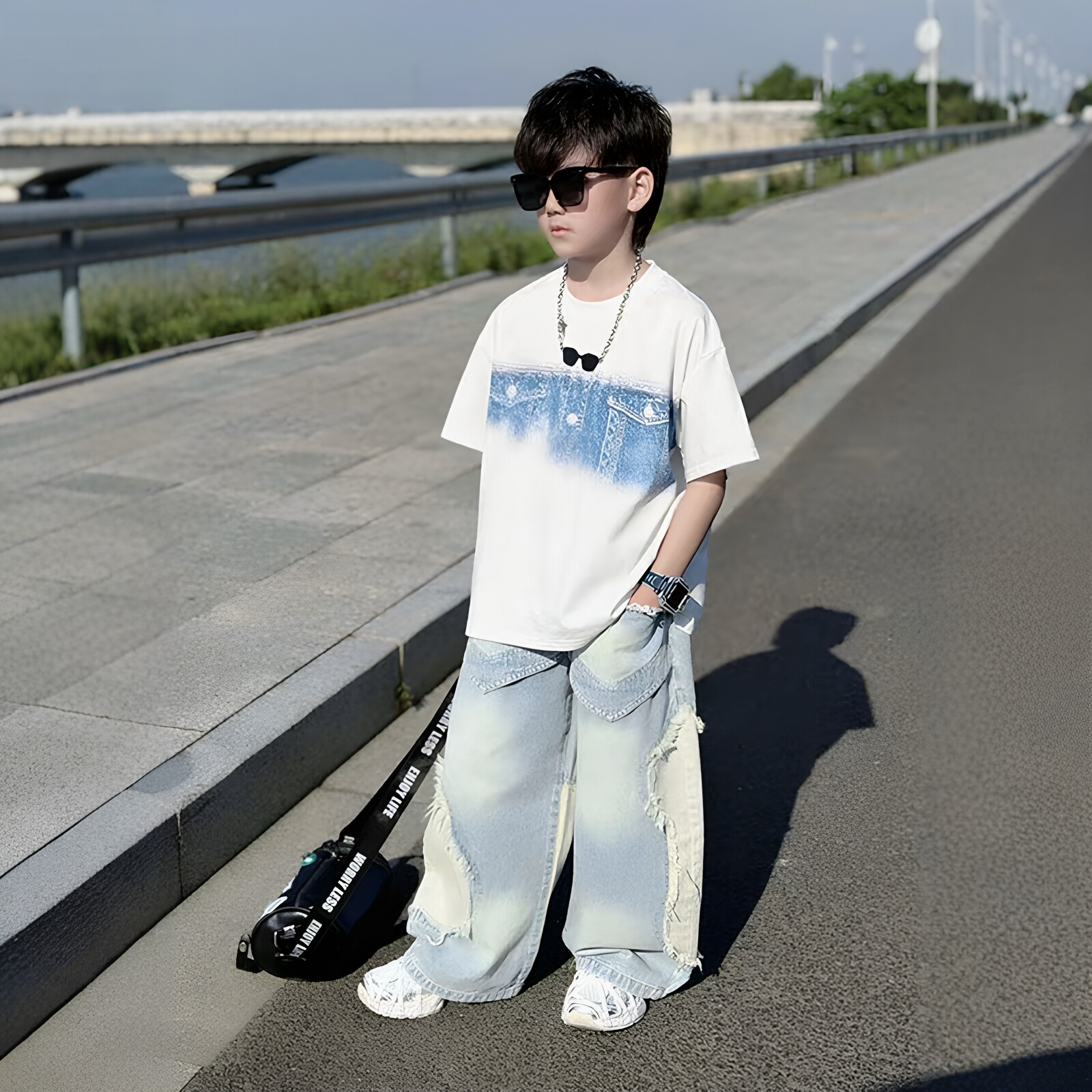 男童夏季潮酷个性印花宽松短袖中大童美式破洞牛仔裤简约百搭套装