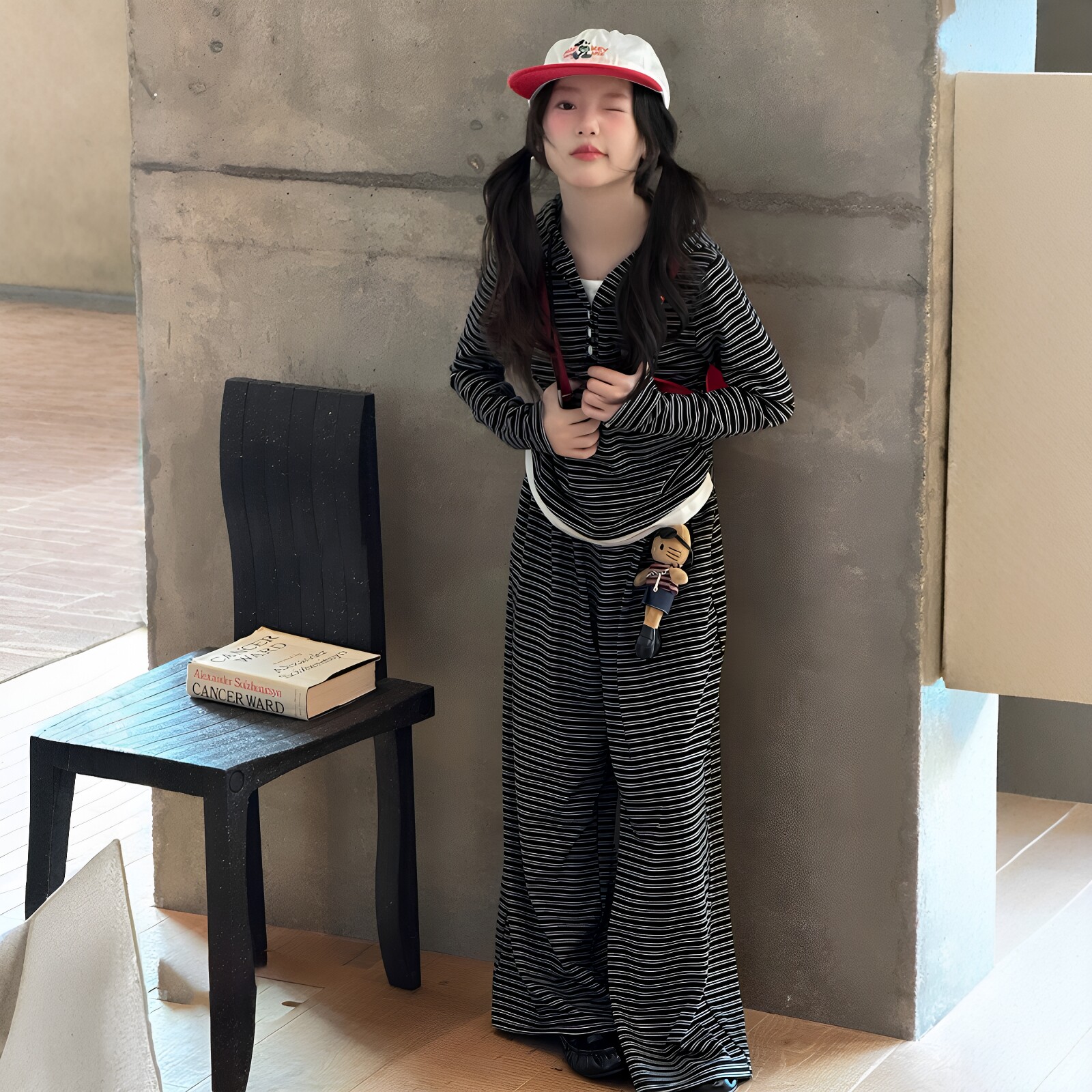 女童条纹假两件卫衣阔腿裤套装