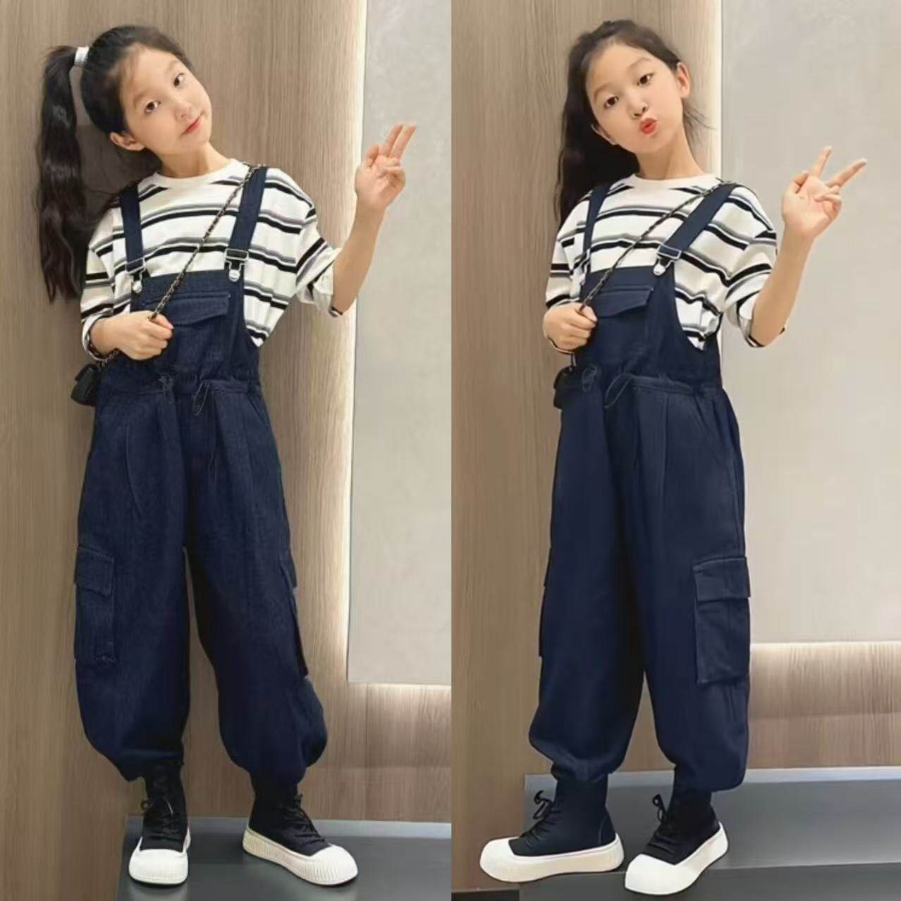 女童春秋韩系条纹宽松打底衫复古百搭牛仔工装背带长裤时髦套装潮