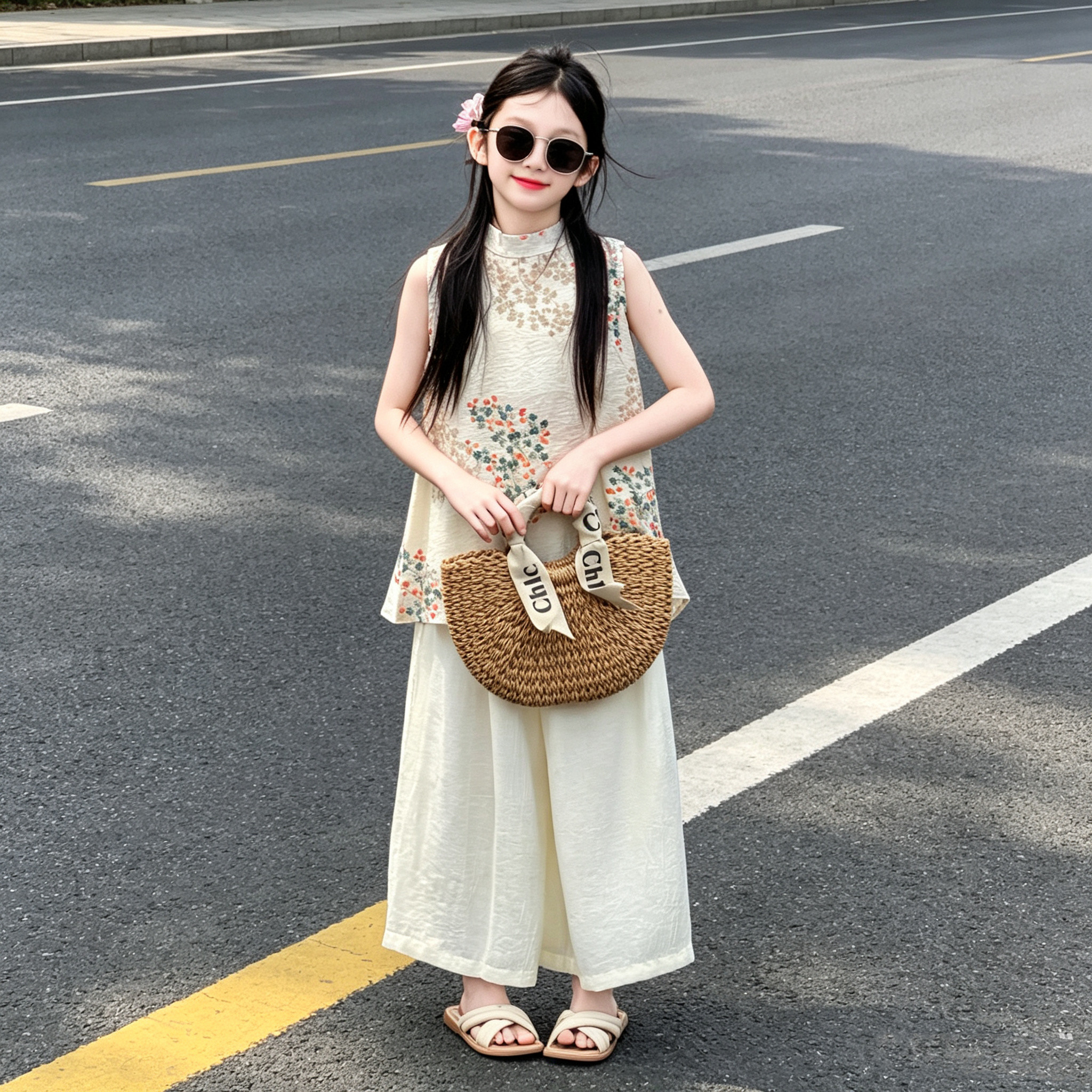 女童碎花无袖背心裙裤两件套