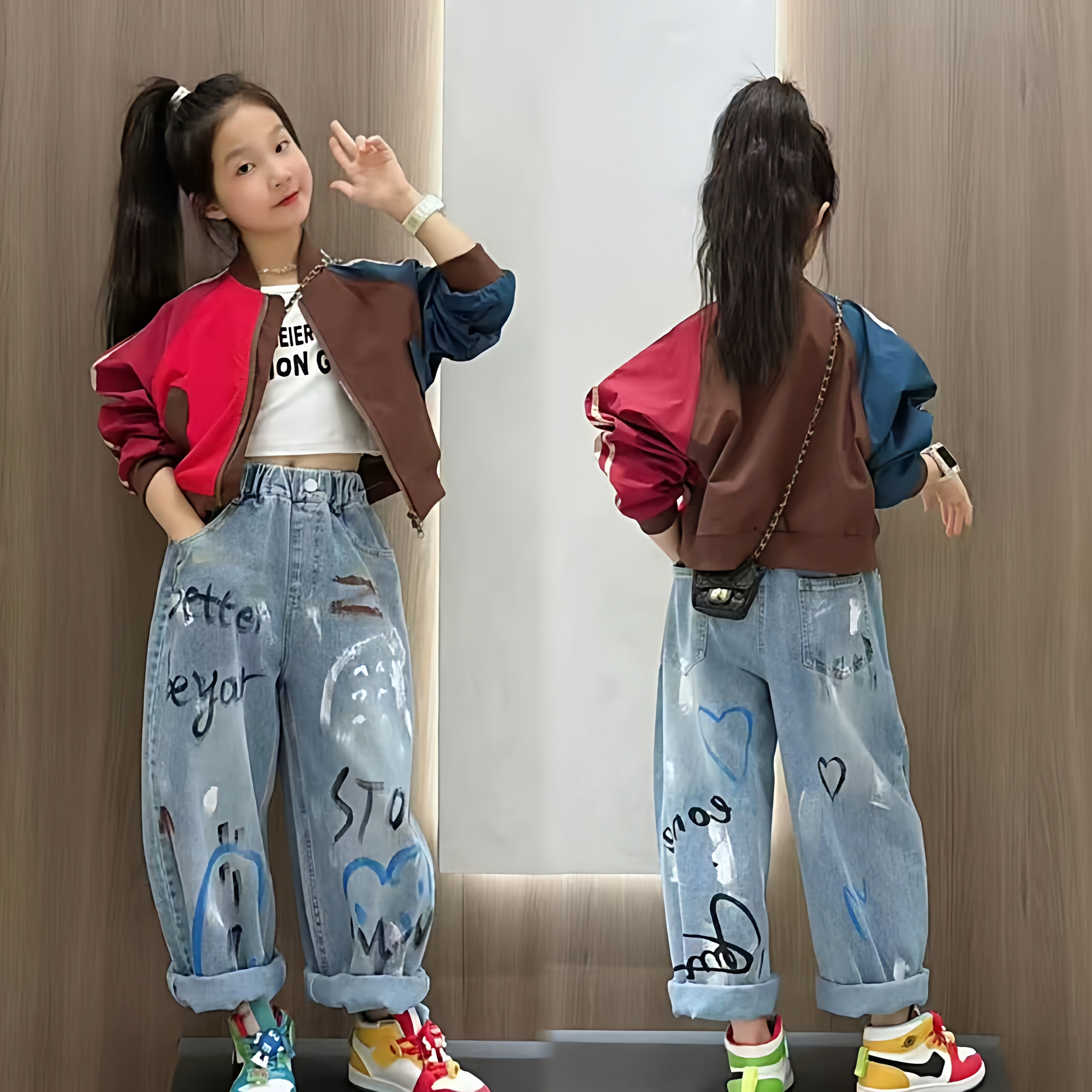 女童撞色棒球服牛仔裤套装