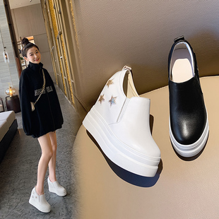 小个子高跟单鞋 厚底女鞋 韩版 真皮圆头休闲乐福鞋 12cm 内增高松糕鞋