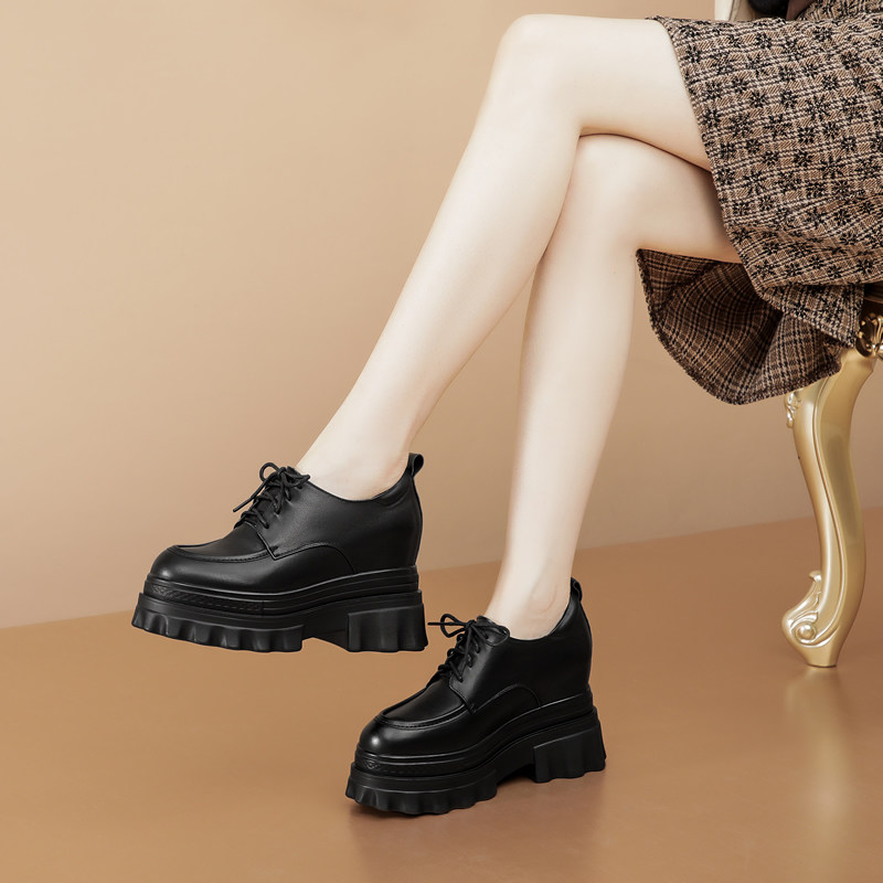 内增高女鞋厚底单鞋真皮圆头系带女士深口皮鞋韩版休闲牛皮乐福鞋