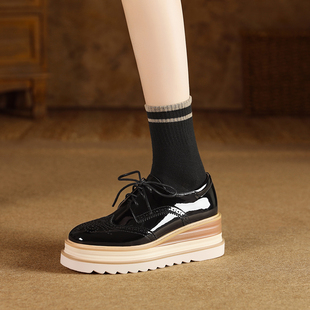 厚底女单鞋坡跟松糕鞋真皮圆头系带女士布洛克鞋韩版牛皮高跟女鞋