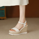 厚底露趾鞋 真皮一字扣带韩版 松糕跟中空夏季 坡跟女凉鞋 高跟女鞋 子