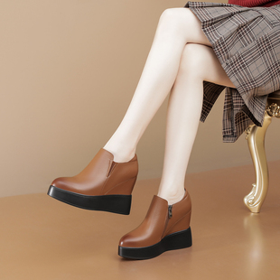 内增高女鞋厚底乐福鞋真皮尖头侧拉链女士皮鞋韩版小个子高跟单鞋