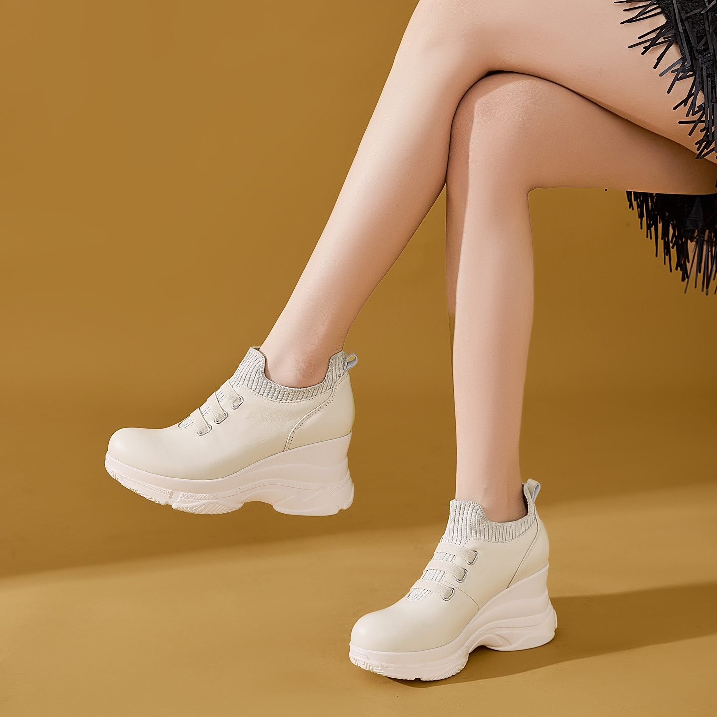 内增高女鞋厚底松糕鞋春秋款真皮百搭休闲老爹鞋小个子增高鞋8cm