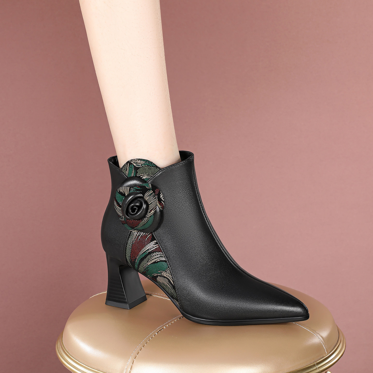 6CM高跟女短靴粗跟尖头侧拉链真皮及踝靴秋冬款女靴牛皮女士靴子