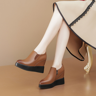 内增高女鞋厚底单鞋真皮尖头坡跟侧拉链女士皮鞋英伦小个子高跟鞋