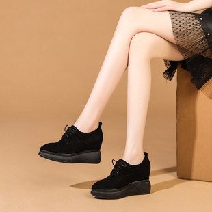 内增高女鞋厚底女单鞋真皮尖头坡跟系带休闲女士皮鞋高跟百搭鞋子
