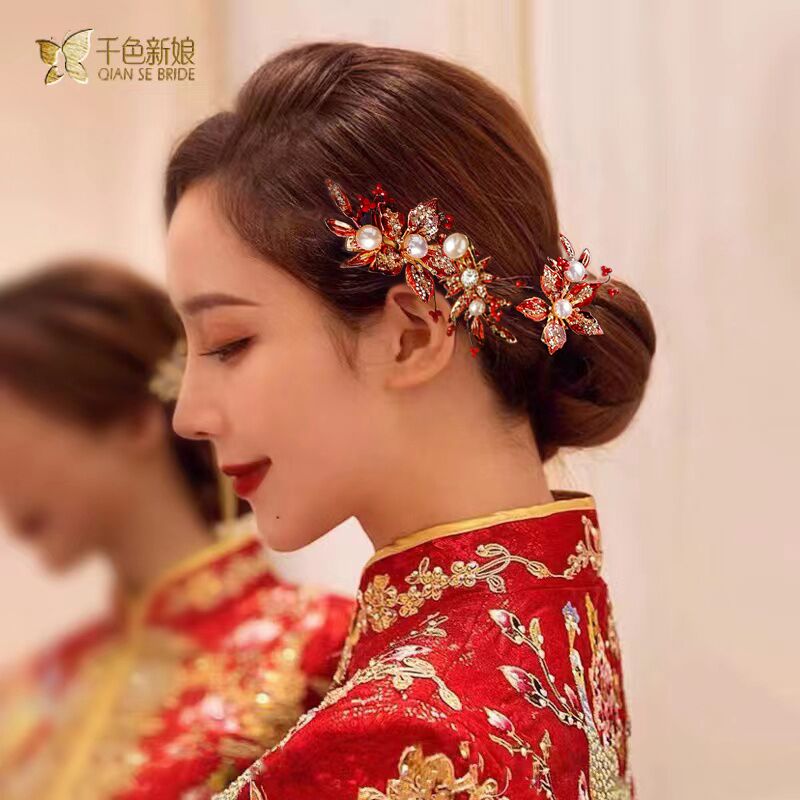 新娘头饰结婚红色婚纱礼服发夹发饰韩式婚礼超仙敬酒服配饰品云暖