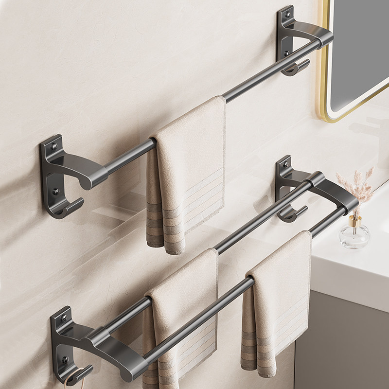 浴室毛巾架免打孔卫生间枪灰双杆挂毛巾杆太空铝壁挂式浴巾置物架