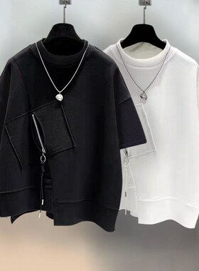 夏季潮牌短袖t恤男ins百搭拉链拼接设计宽松男生衣服半袖潮流帅气