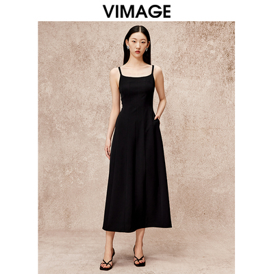纬漫纪气质方领吊带黑色连衣裙
