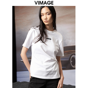 简约抽绳镂空收腰正肩纯棉T恤上衣女春秋款 VIMAGE纬漫纪时尚