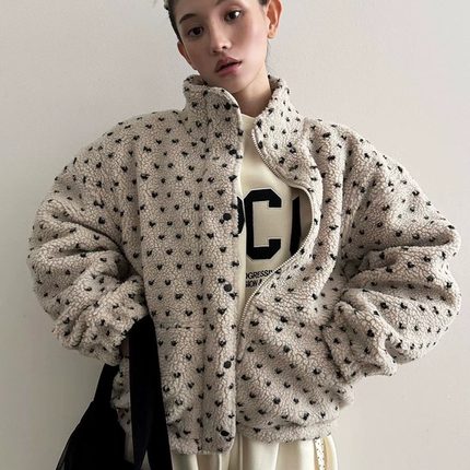 yuki自制 韩国ins 立领爱心波点保暖羊羔毛外套