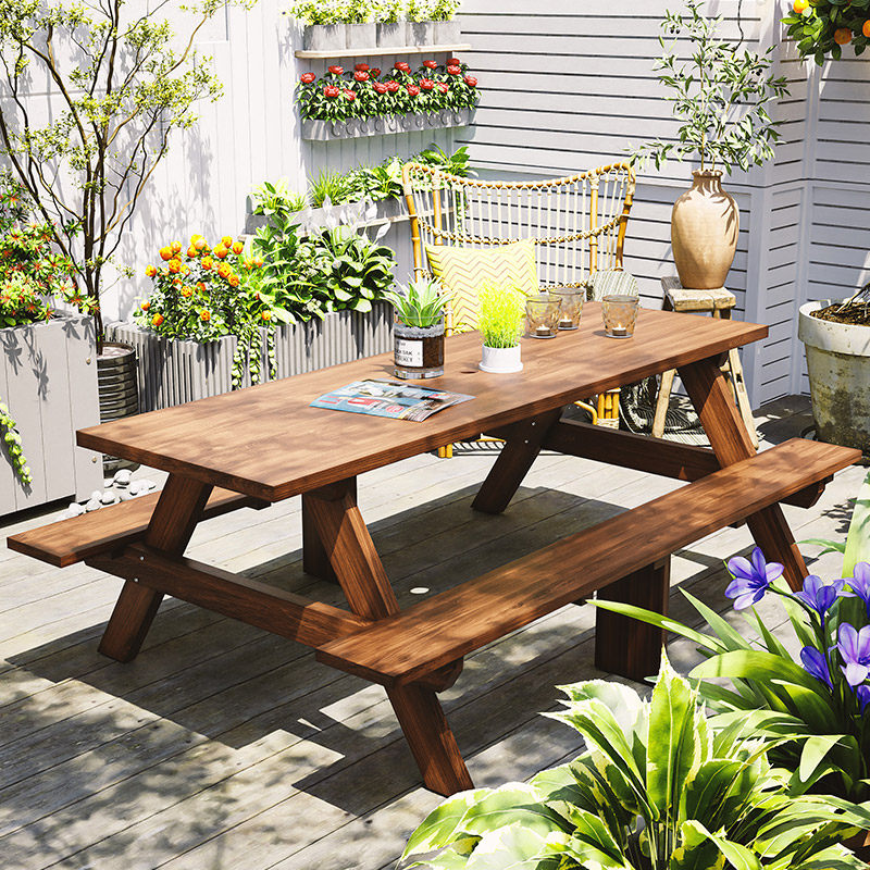 户外防腐实木庭院一体式露天公园休闲桌子室外连体餐桌椅带伞组合