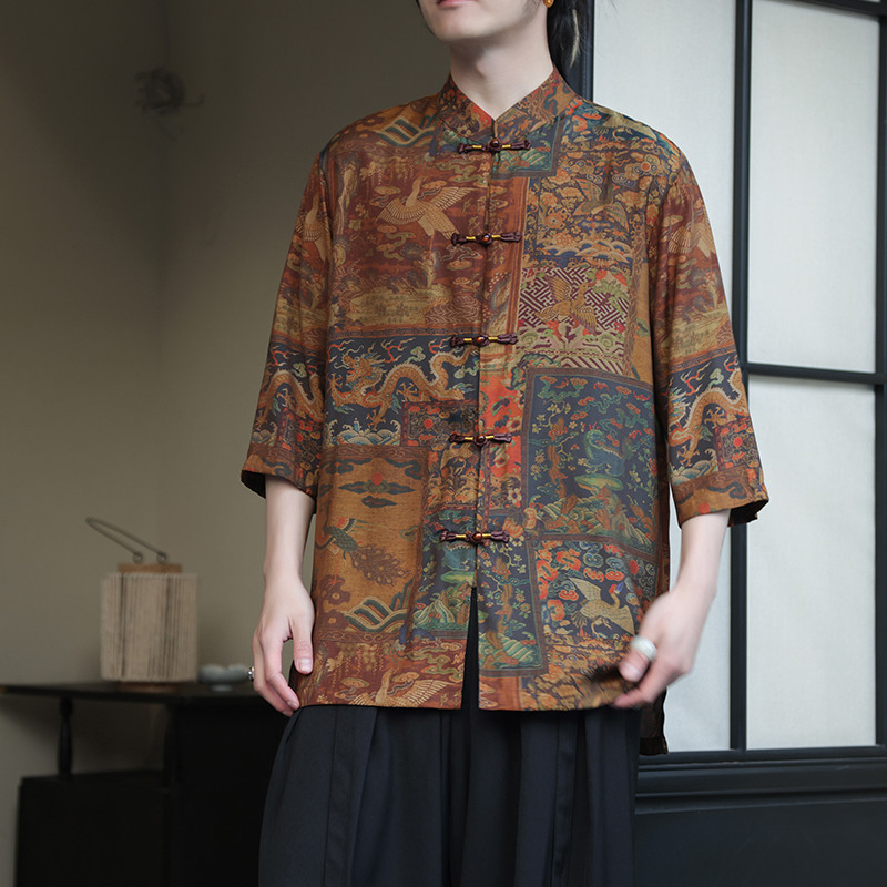 2024夏季风男装冰丝印花唐装汉服短袖衬衫衬衣C229-Y1005-P68,男装衬衫,电商C229-1