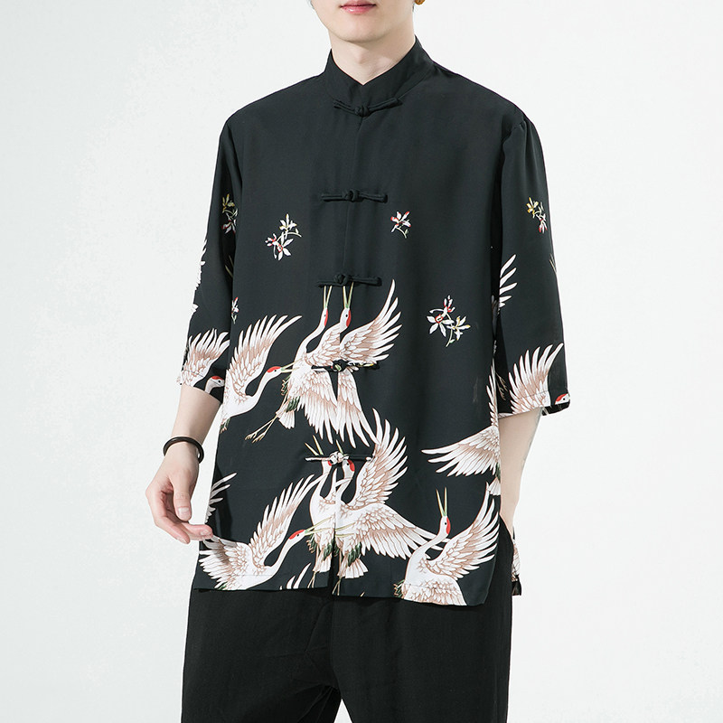 2024夏风男装仙鹤唐装汉服盘扣短袖五分袖衬衫C229/Y976/P70,男装衬衫,电商C229-1