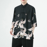 2024夏风男装仙鹤唐装汉服盘扣短袖五分袖衬衫C229/Y976/P70，男装衬衫，电商C229-1