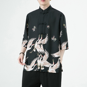 2024夏风男装仙鹤唐装汉服盘扣短袖五分袖衬衫C229/Y976/P70图片