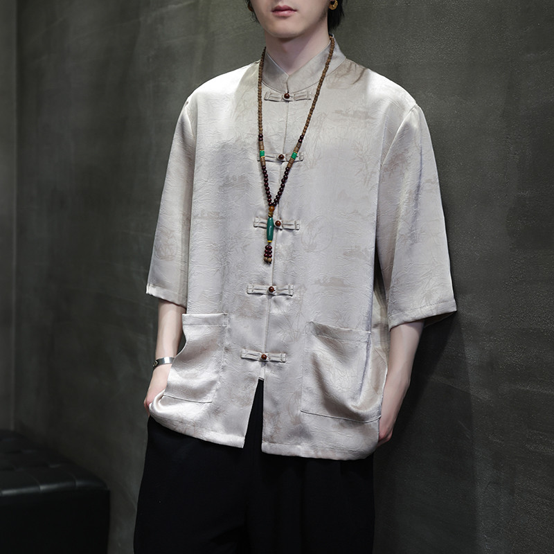 2024夏风男装冰丝唐装汉服短袖五分袖衬衫衬衣C229-Y1021-P70,男装衬衫,电商C229-1