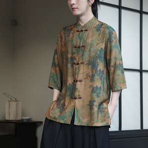 2024夏季风男装冰丝印花唐装汉服短袖衬衫衬衣C229-Y1005-P68图片