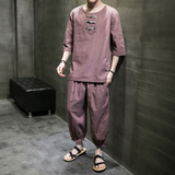 2024夏款风男装棉麻亚麻格子套装两件套大码C229/TZ339/P85，男装休闲套装，电商C229-1