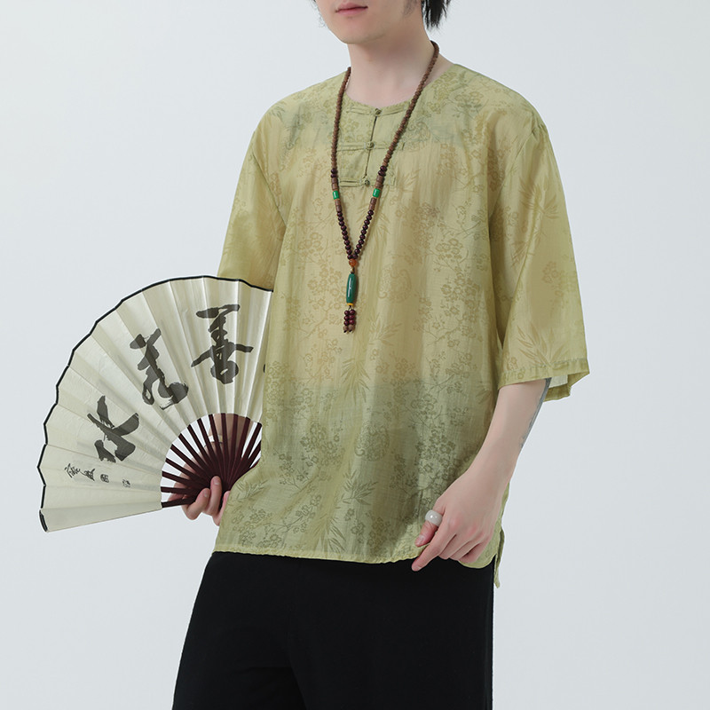 2024夏季风男装棉麻亚麻唐装汉服短袖T恤大码C229-T216-P60,男装T恤,电商C229-1