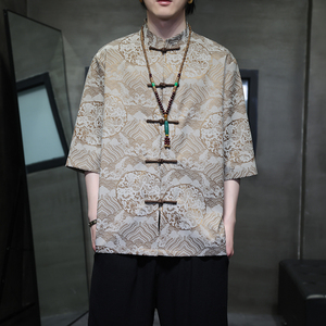 2024夏风男装盘扣中式唐装汉服短袖五分袖衬衫C229-Y1024-P70图片