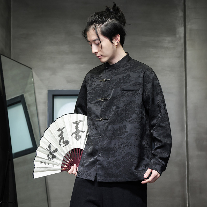 2024春夏新款风男装冰丝唐装汉服长袖衬衫衬衣C229-Y997-P80,男装衬衫,电商C229-1