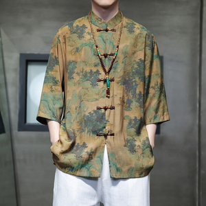 2024春夏风男装冰丝唐装汉服短袖五分袖衬衫C229-Y1005-P68图片