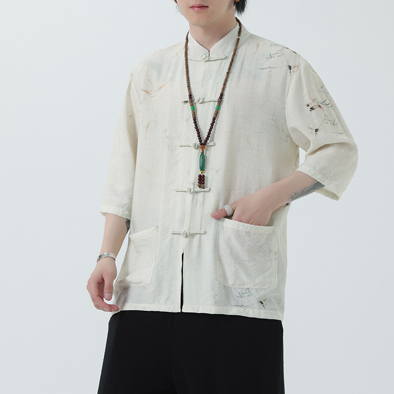 2024夏风男装盘扣唐装汉服短袖五分袖衬衫衬衣C229-Y1020-P70,男装衬衫,电商C229-1