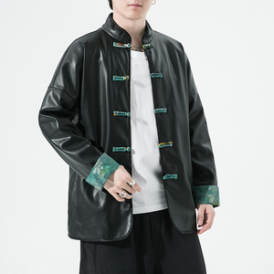2024秋冬风男装撞色pu夹克外套唐装汉服大码C229/Y711/P105图片
