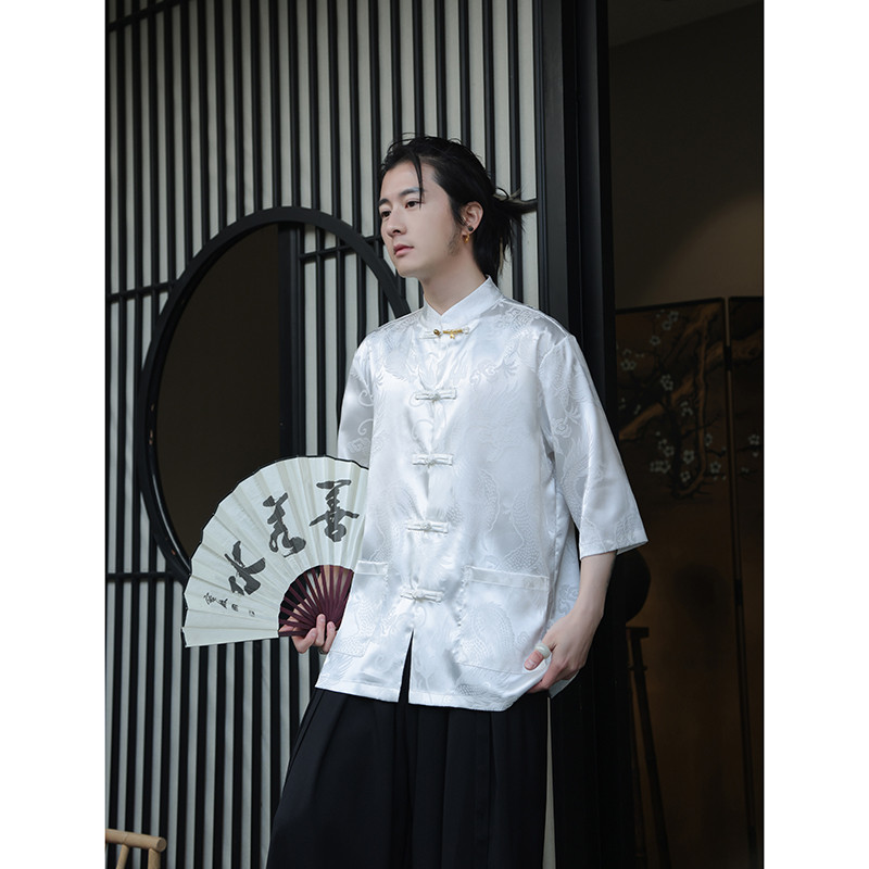 2024夏季风男装冰丝唐装汉服短袖大码衬衫衬衣C229-Y1015-P68,男装衬衫,电商C229-1