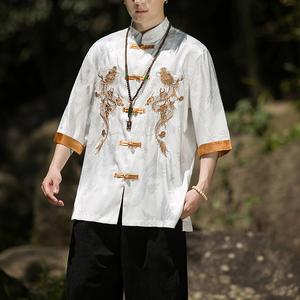 2024春夏风男装刺绣唐装汉服五分短袖衬衫衬衣C229/Y656/P60图片