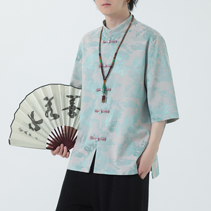 2024夏风男装盘扣中式汉服短袖五分袖衬衫衬衣C229-Y1030-P70图片
