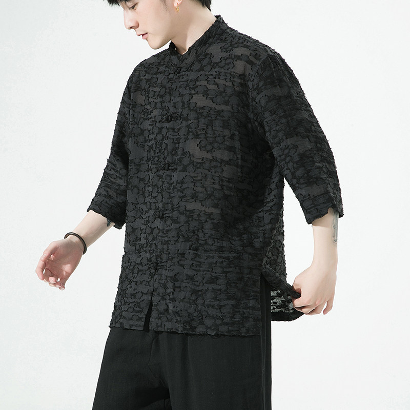 风男装棉亚麻唐装汉服短袖五分袖衬衫衬衣白底C229/Y975/P78,男装衬衫,电商C229-1
