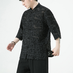 风男装棉亚麻唐装汉服短袖五分袖衬衫衬衣白底C229/Y975/P78图片