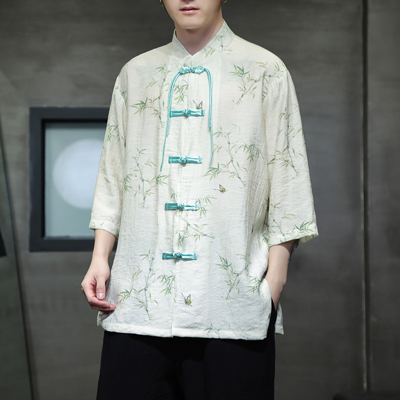 2024夏风男装竹子印花唐装汉服短袖五分袖衬衫C229-Y1002-P65图片