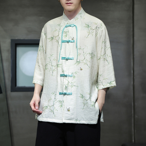 2024夏风男装竹子印花唐装汉服短袖五分袖衬衫C229-Y1002-P65图片