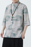 2024夏风男装印花唐装汉服短袖五分袖衬衫衬衣C229-Y1023-P68，男装衬衫，电商C229-1